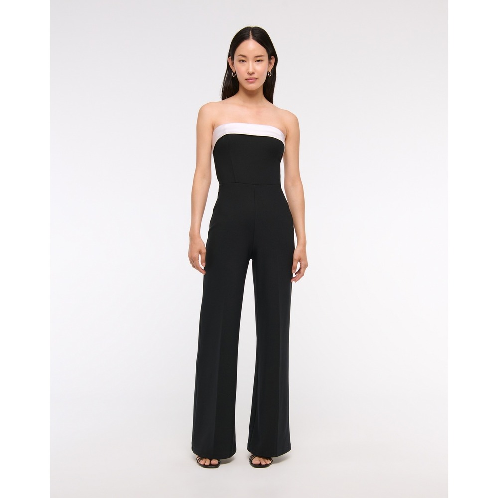 Abercrombie & Fitch TALL Strapless White Satin Trim Black Jumpsuit Size Large